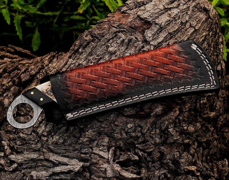 BE BREAK EDGE Handmade Damascus Steel,Deer Antler handle fixed blade knife with Leather sheath, Heavy Duty Utility Knife,Skinning knife for professional. - Image 5
